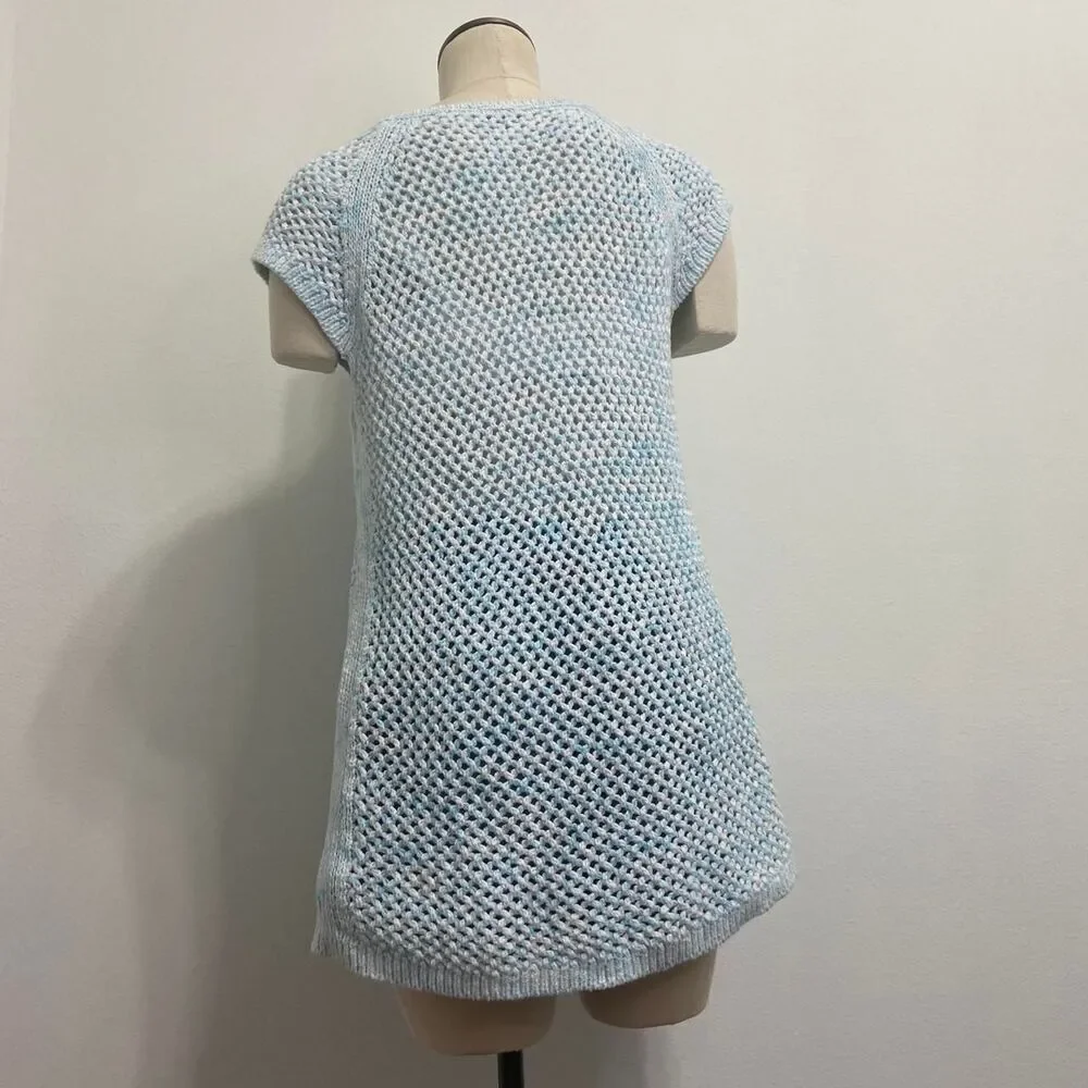albots Light Blue Crochet Knit Short Sleeve Top | Open Weave Pullover Blouse
